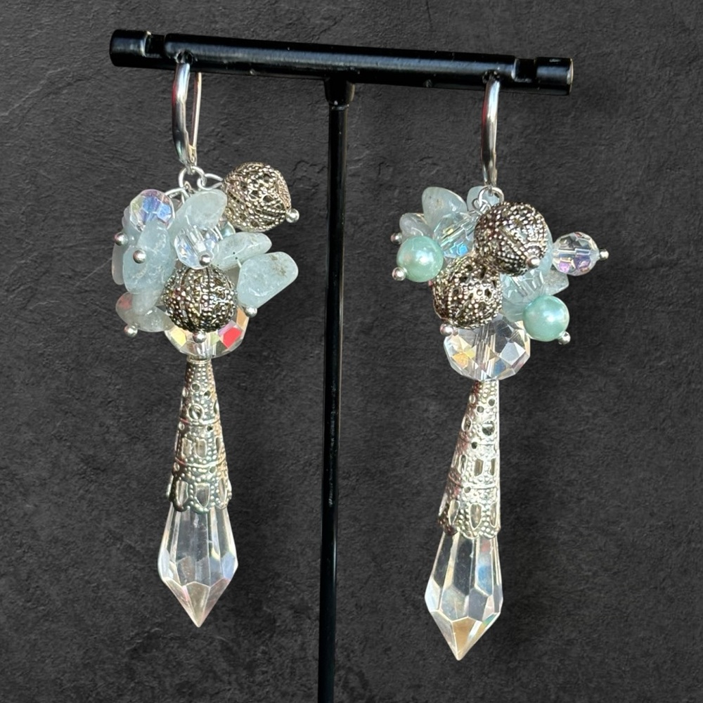 Handmade Pierced Earrings with Vintage Parts, Lucite Drops, and Bead Cluster - Picture 4 of 7